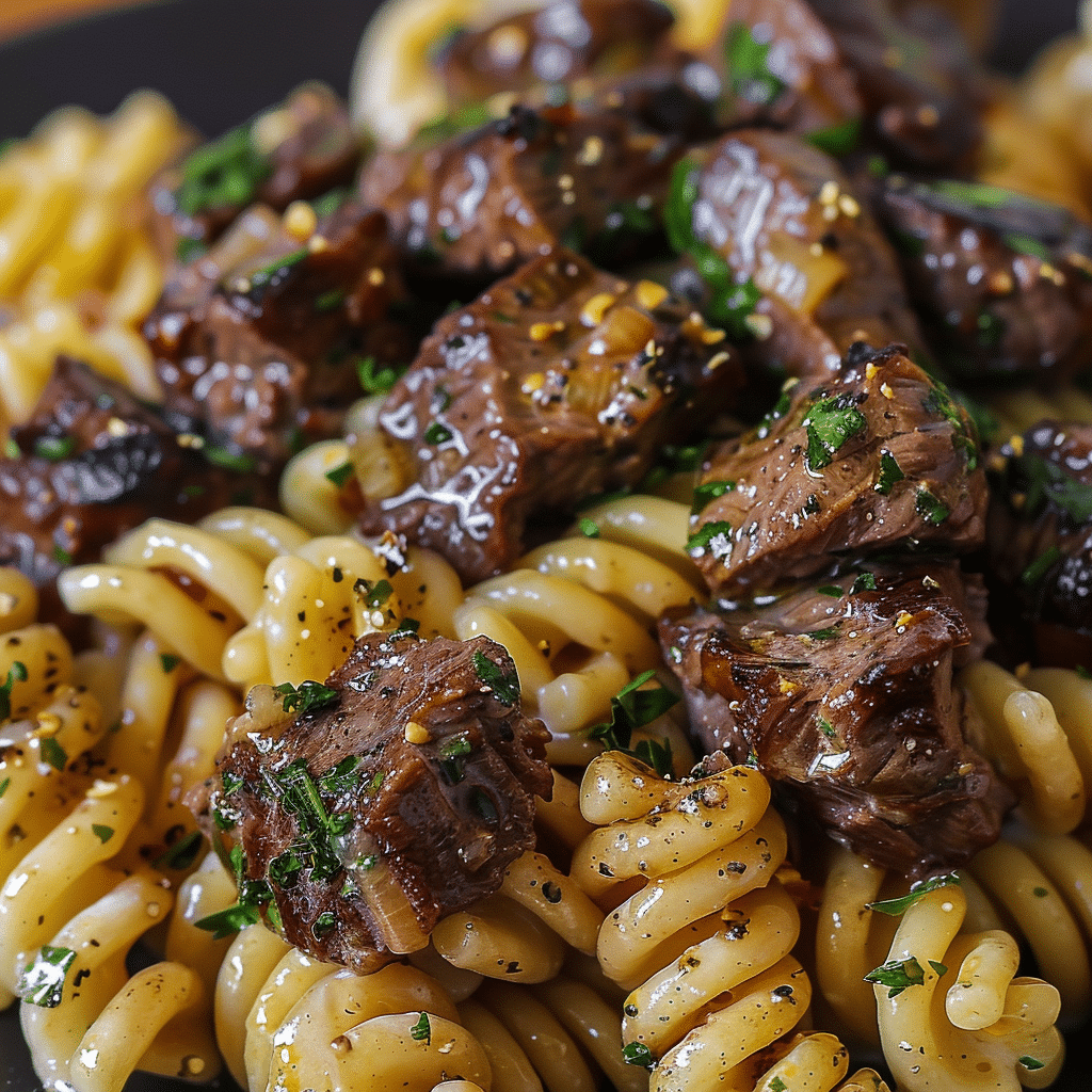 Cheesy Steak Bites and Rotini Pasta