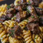 Cheesy Steak Bites and Rotini Pasta