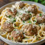 Garlic Butter Meatballs Served Over Creamy Parmesan Linguine