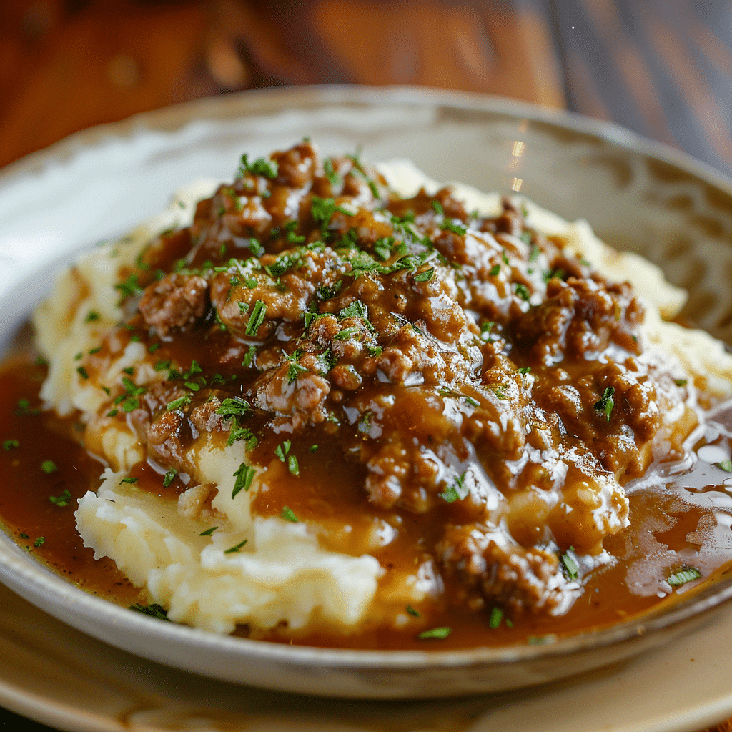 Ground Beef and Gravy Over Mashed Potatoes