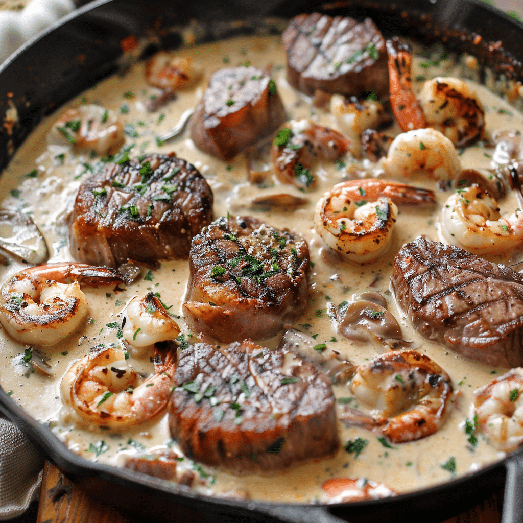 Steak and Seafood Skillet with Garlic Parmesan Cream Sauce