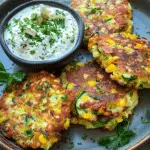 Zucchini, Corn, and Feta Fritters with Lemon Yogurt Dip