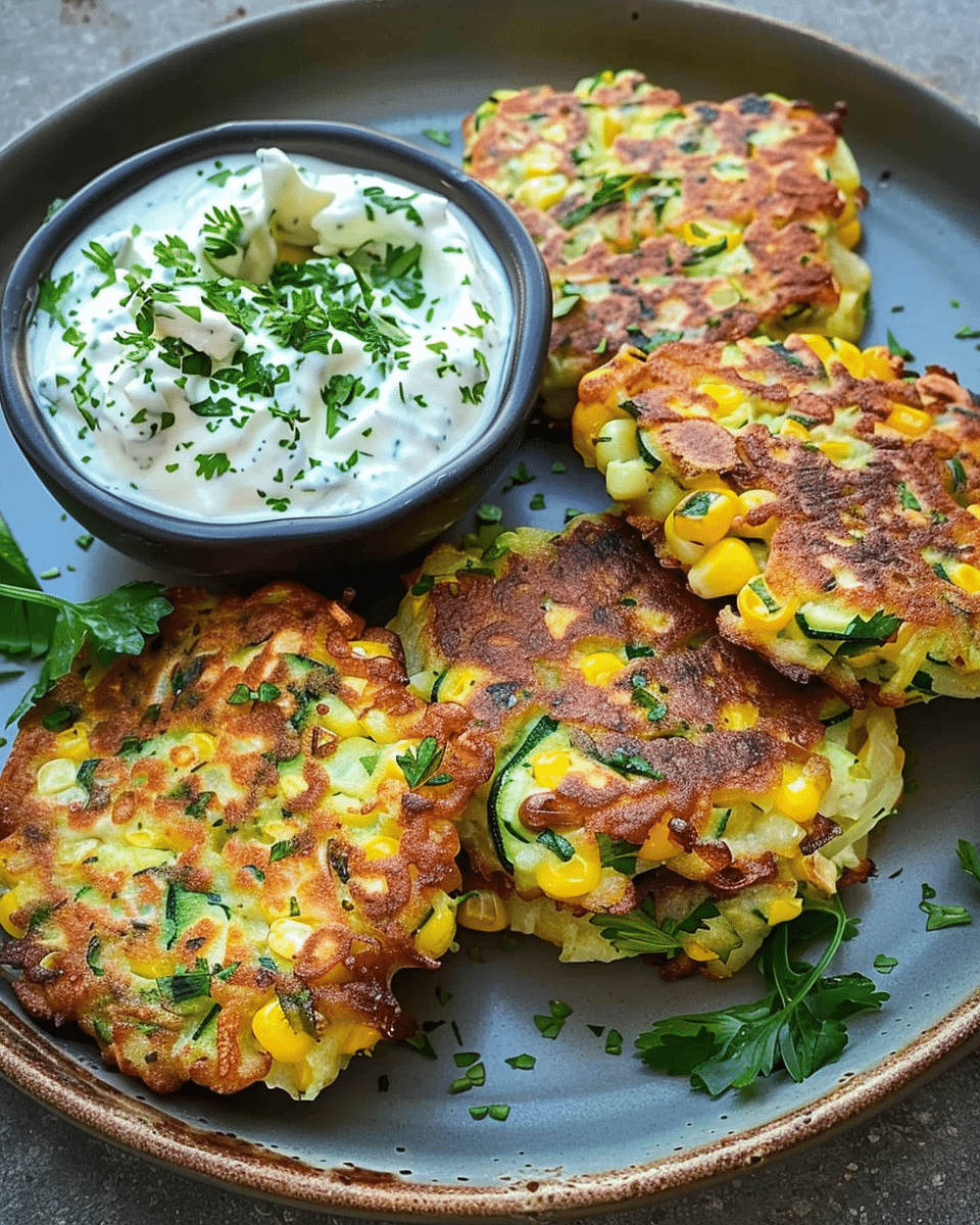 Zucchini, Corn, and Feta Fritters with Lemon Yogurt Dip