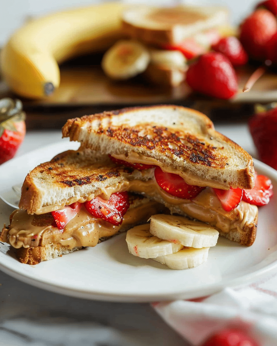 Grilled Peanut Butter Sandwich with Banana and Strawberries