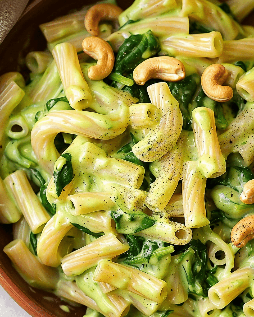 Vegan Creamy Spinach Garlic Pasta with Cashews and Parsley