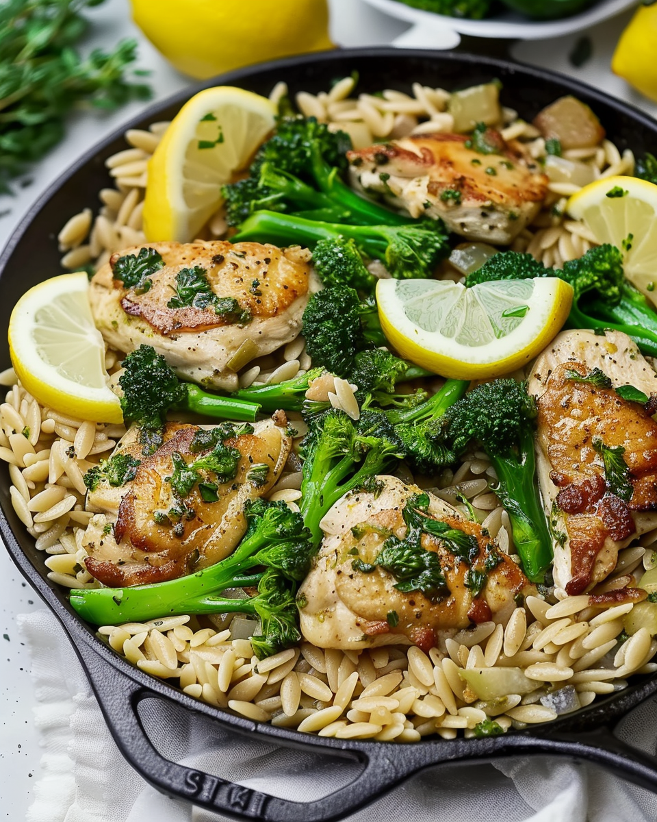 Lemon Chicken Broccoli Orzo Skillet