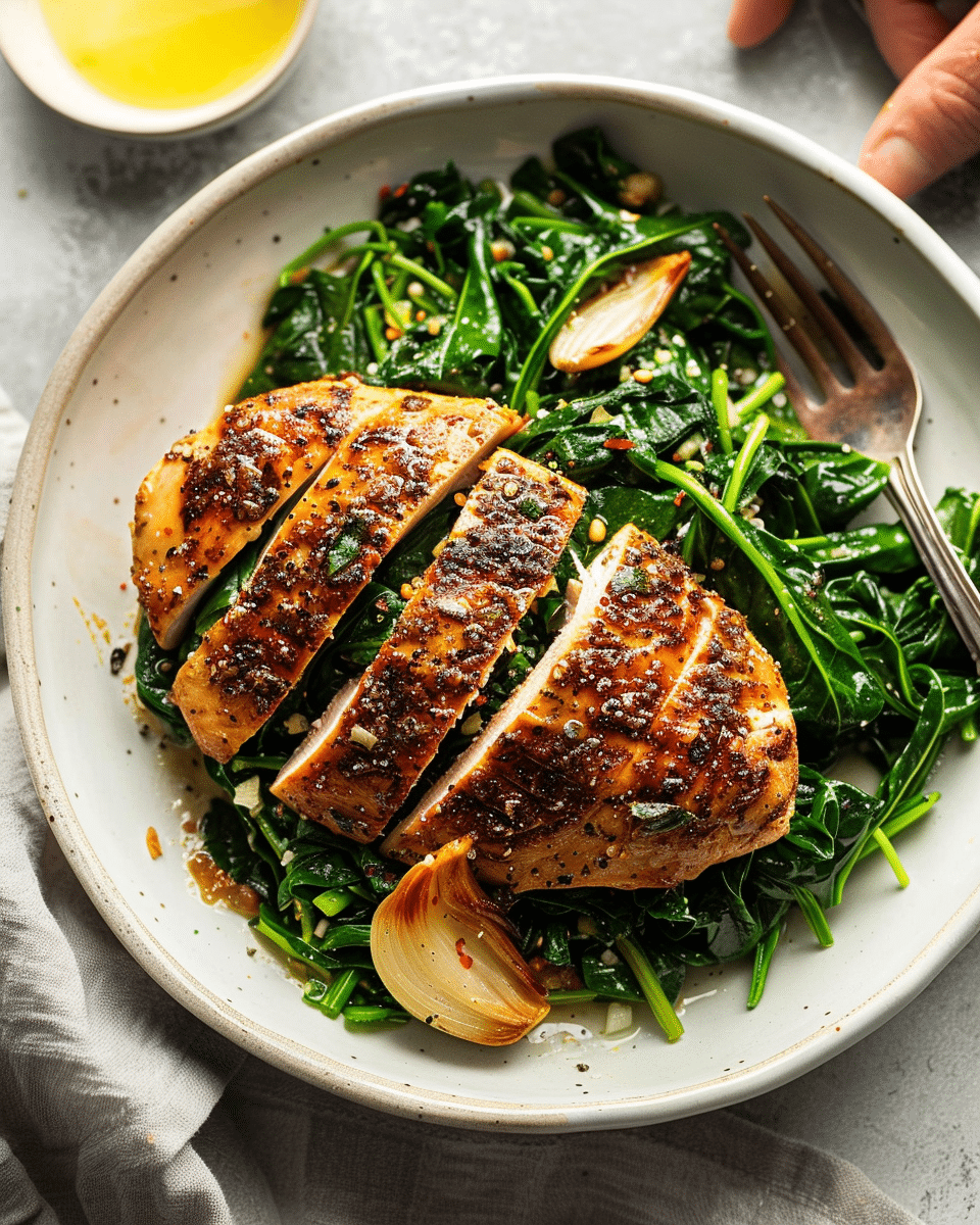 Asado Chicken Breasts with Sautéed Garlic Spinach