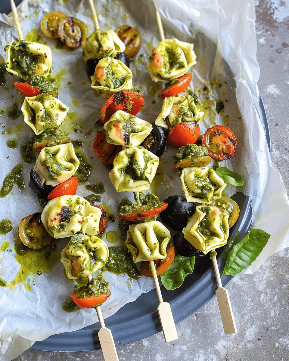 Italian Tortellini Skewers with Pesto Drizzle