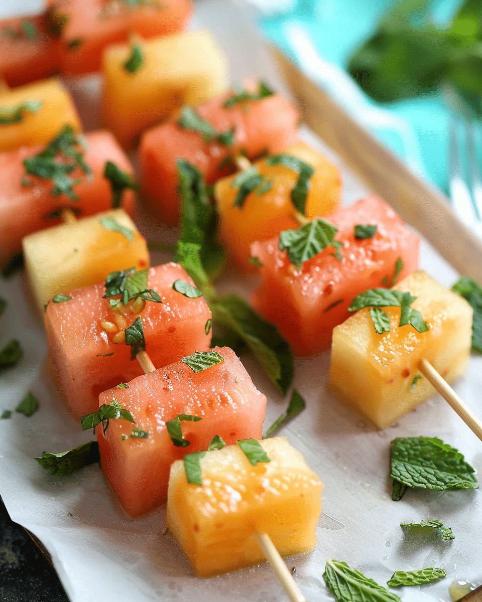 Melon Skewers with Mint Dressing