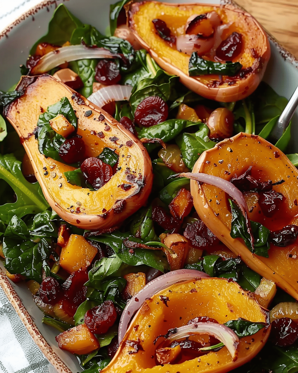 Roasted Butternut Squash with Onions, Spinach, and Cranberries