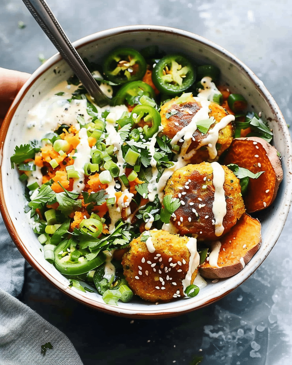 Bliss Bowls with Sweet Potato Fritters and Jalapeño Ranch