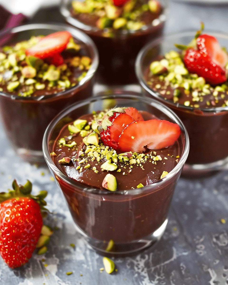 Chocolate Pudding with Pistachios and Strawberries