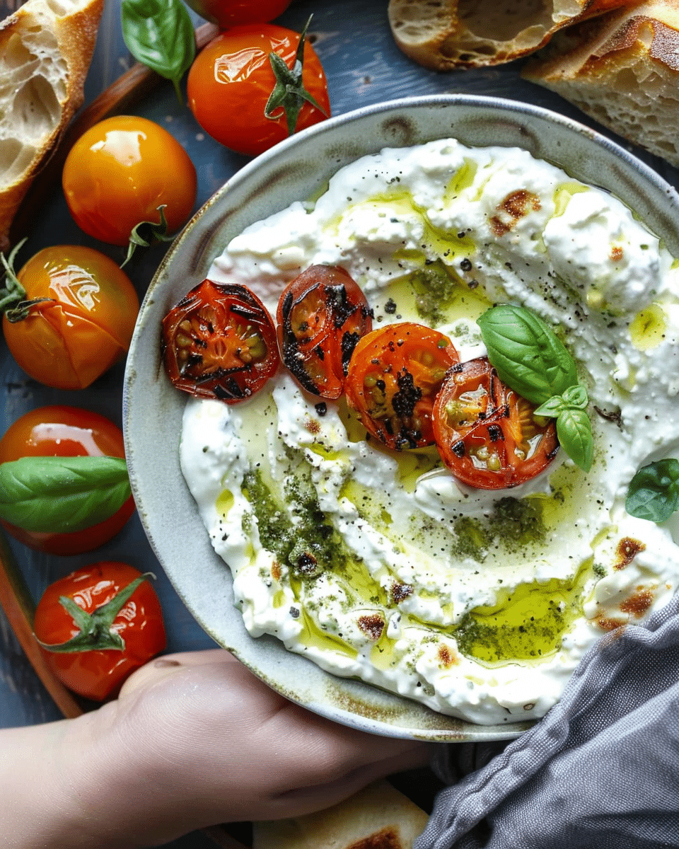 Yogurt Pesto Dip with Burrata and Roasted Tomatoes