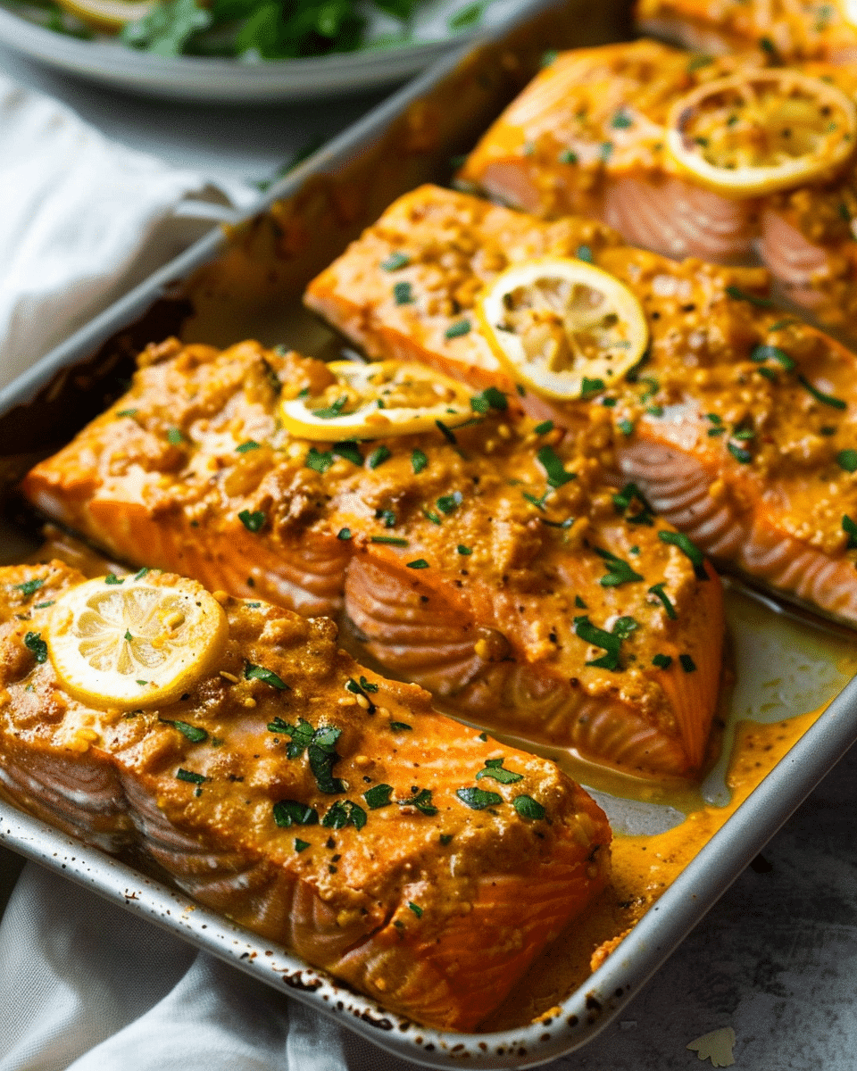 Tasty Baked Lemon Garlic Salmon with Romesco Sauce Recipe