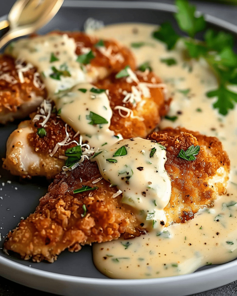 Parmesan Crusted Chicken with Creamy Garlic Sauce
