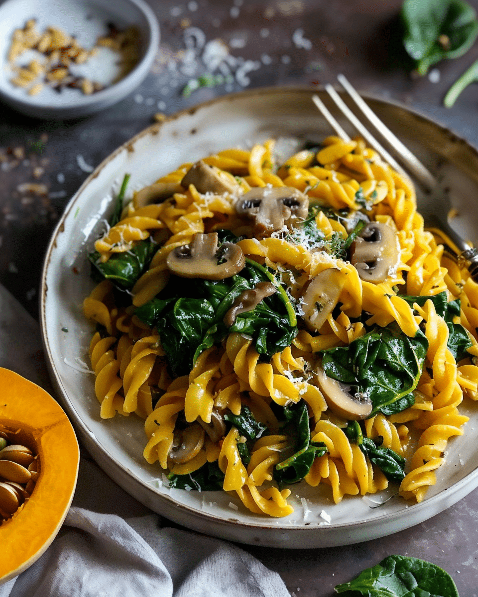 Pumpkin Pasta with Spinach and Mushrooms