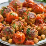 Mediterranean Chicken Meatballs, Tomatoes, and Chickpeas