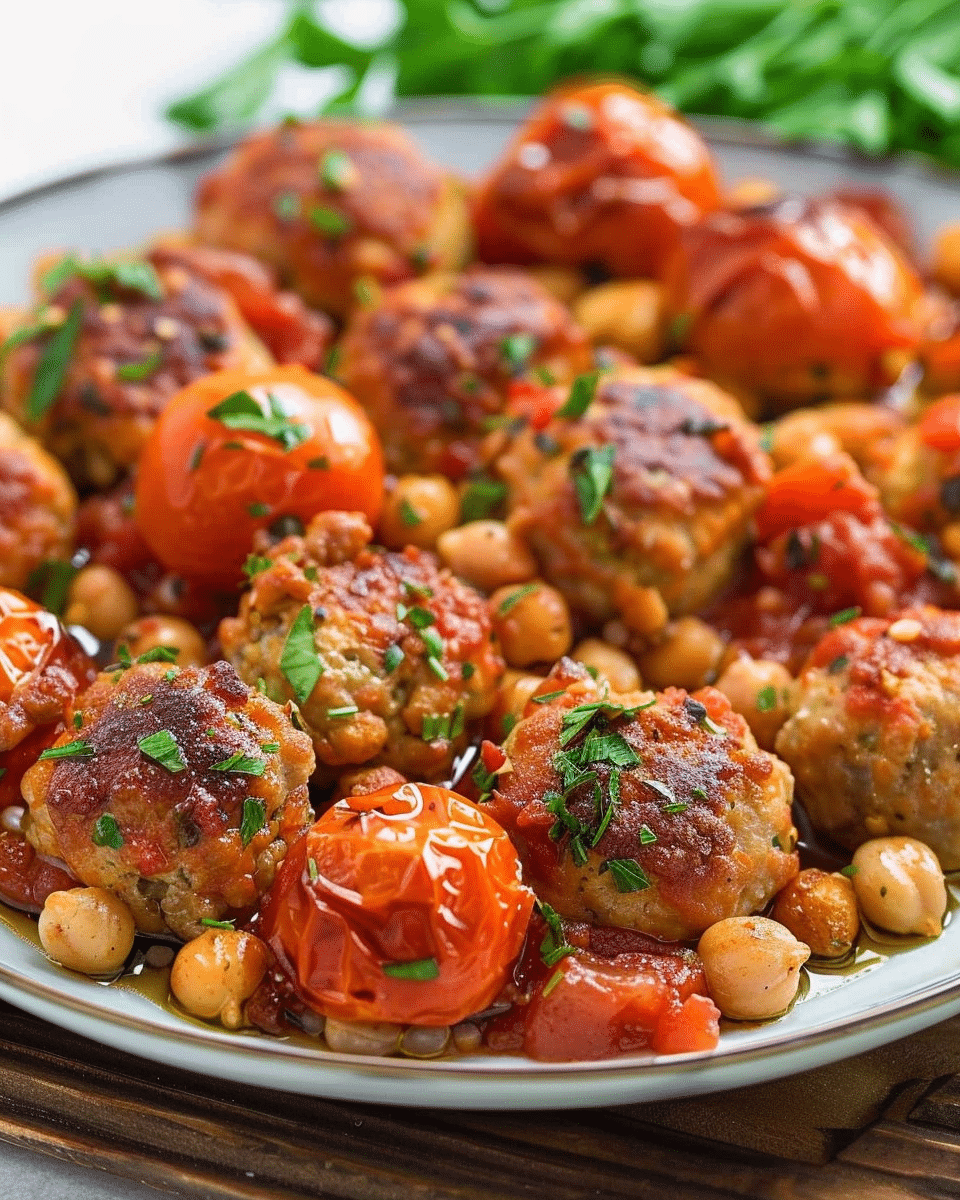 Mediterranean Chicken Meatballs, Tomatoes, and Chickpeas