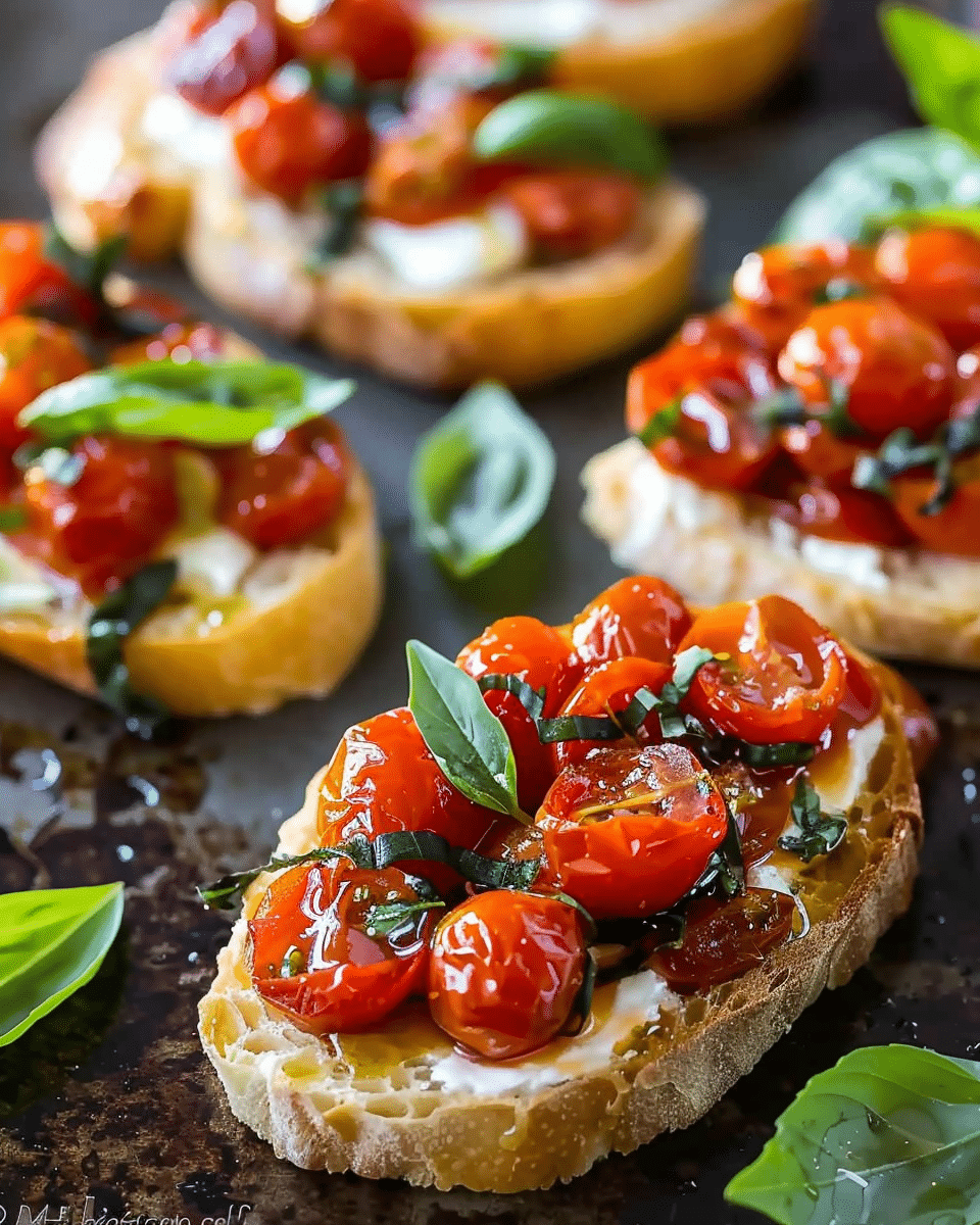 Roasted Grape Tomato and Basil Crostini