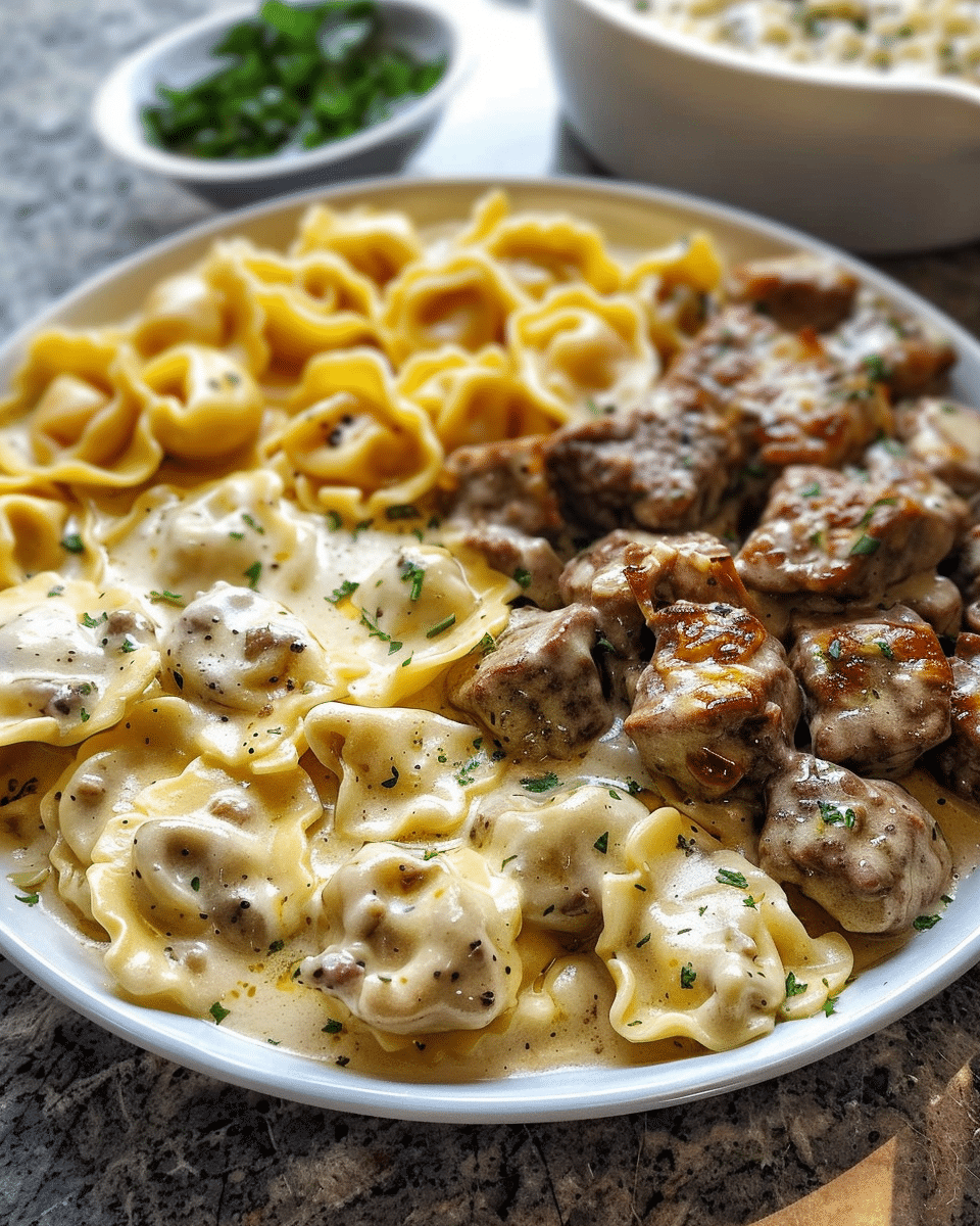 Cheesy Cajun Beef Tortellini Smothered in Creamy Garlic Alfredo