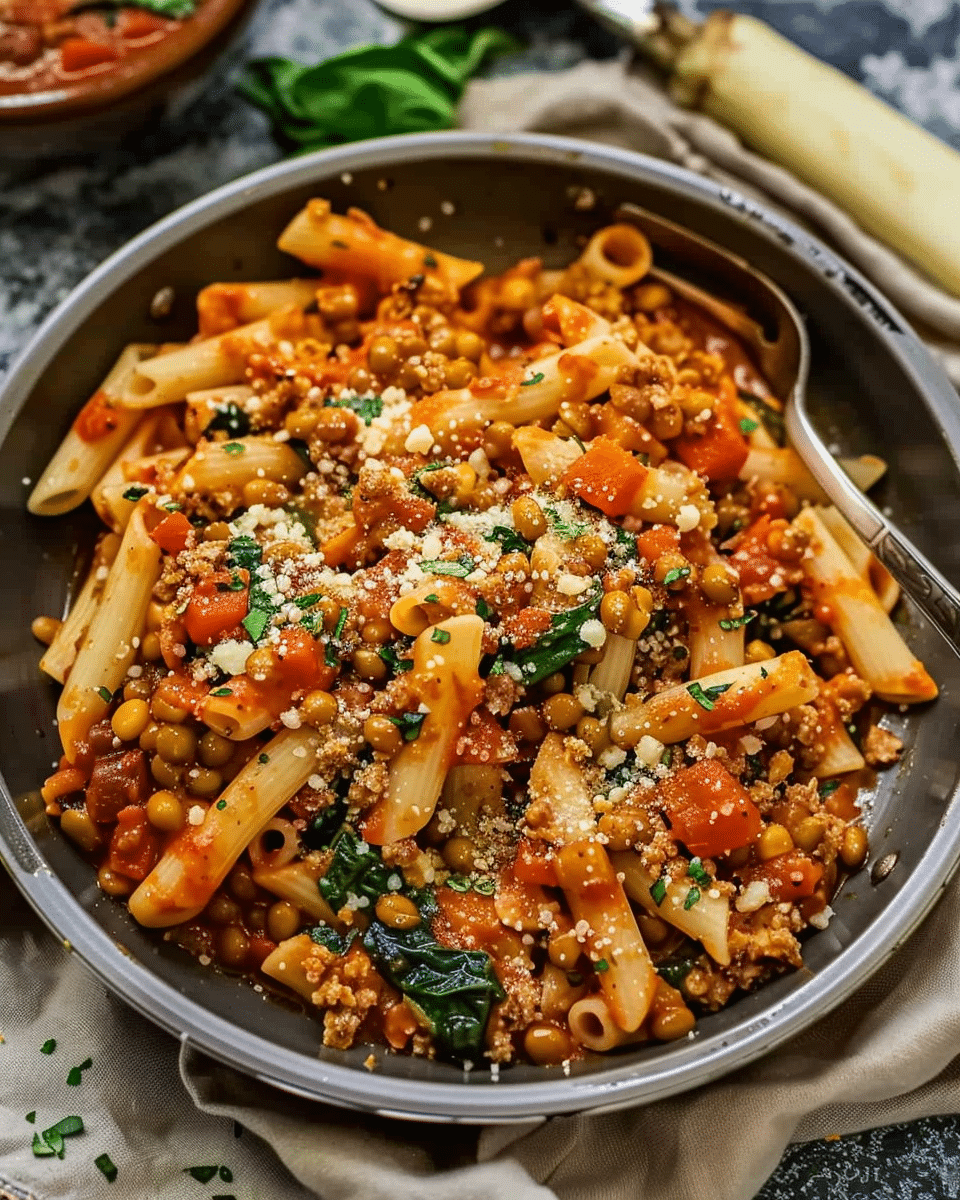 Pasta Skillet with Vegan Parmesan, Zucchini, and Spinach