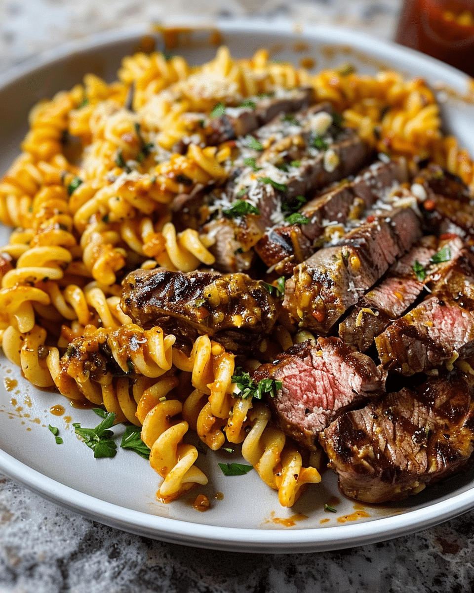 Spicy Garlic Butter Steak with Melted Mozzarella Rotini