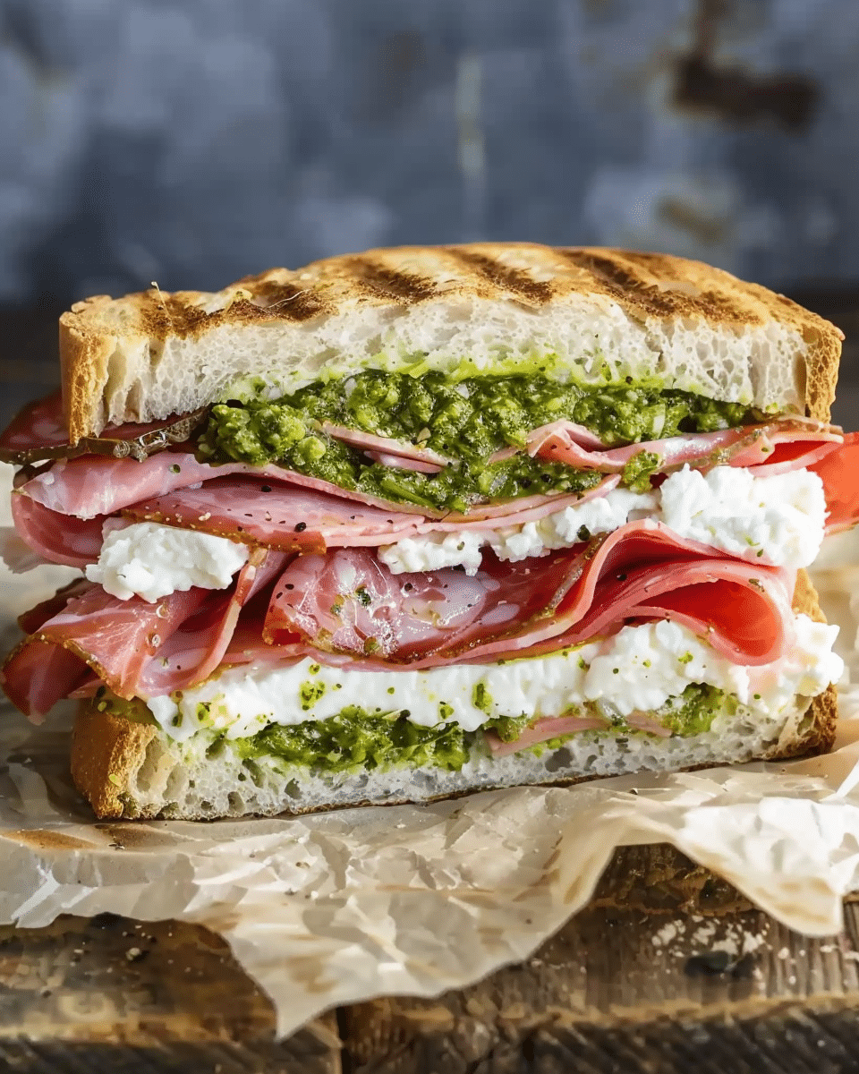 Mortadella, Burrata and Pesto Sandwich