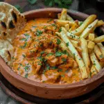 Butter Chicken Garlic Delight with Crispy Fries and Naan
