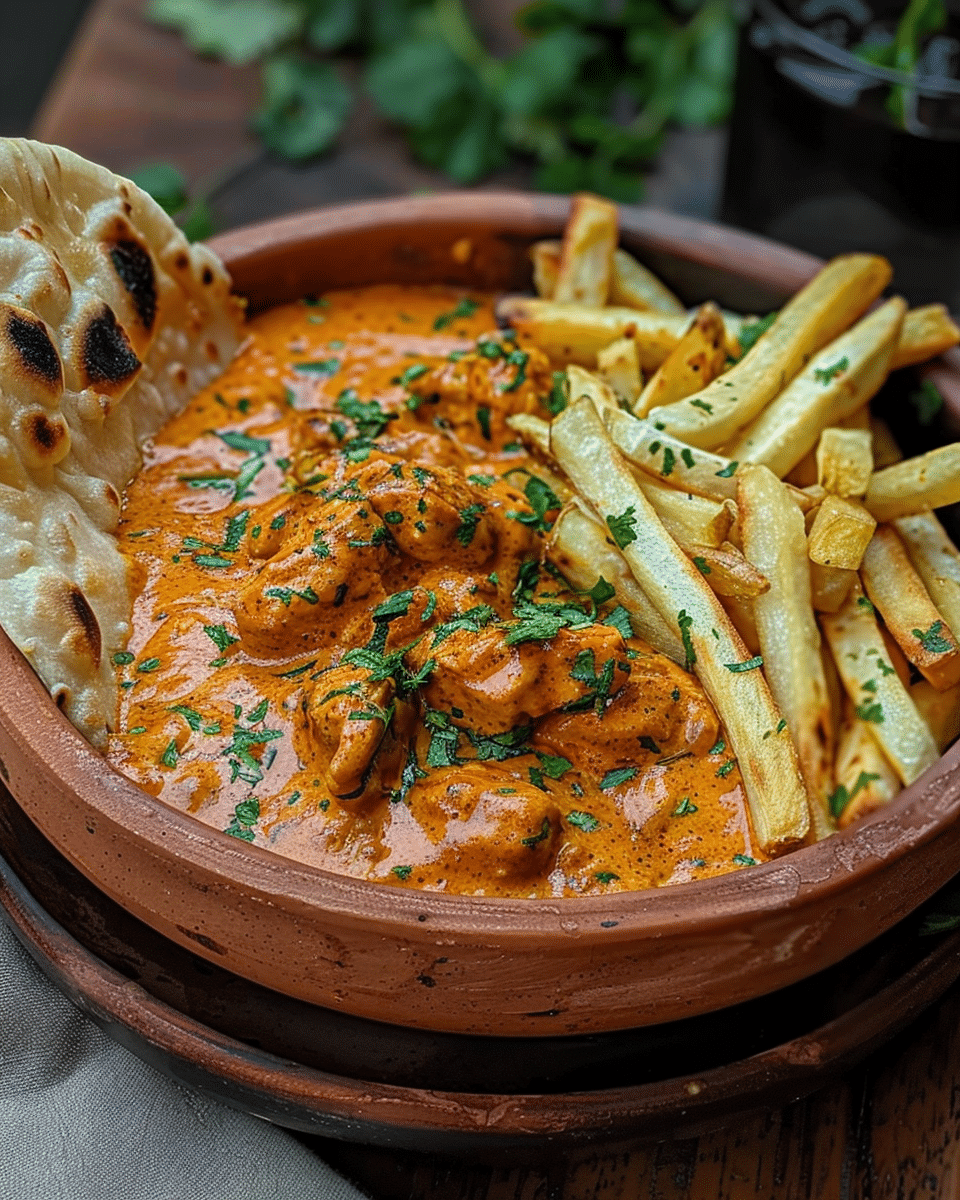 Butter Chicken Garlic Delight with Crispy Fries and Naan