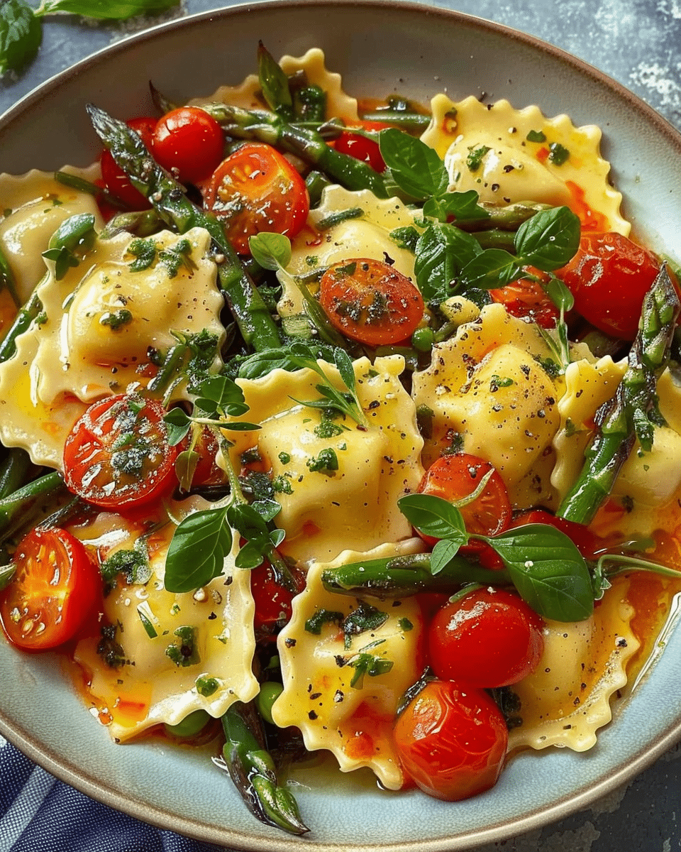 Ravioli with Tomatoes, Asparagus, Garlic, and Herbs