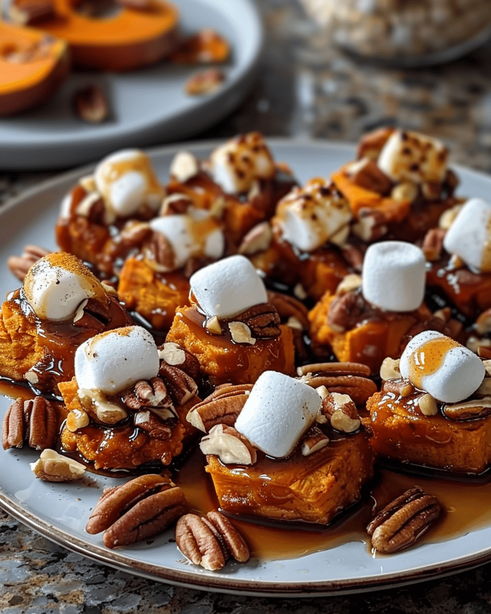 Caramelized Sweet Potato Bites with Brown Sugar Marshmallows and Pecans