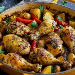Epic One-Pan Baked Chicken Drumsticks with Herbed Potatoes & Peppers