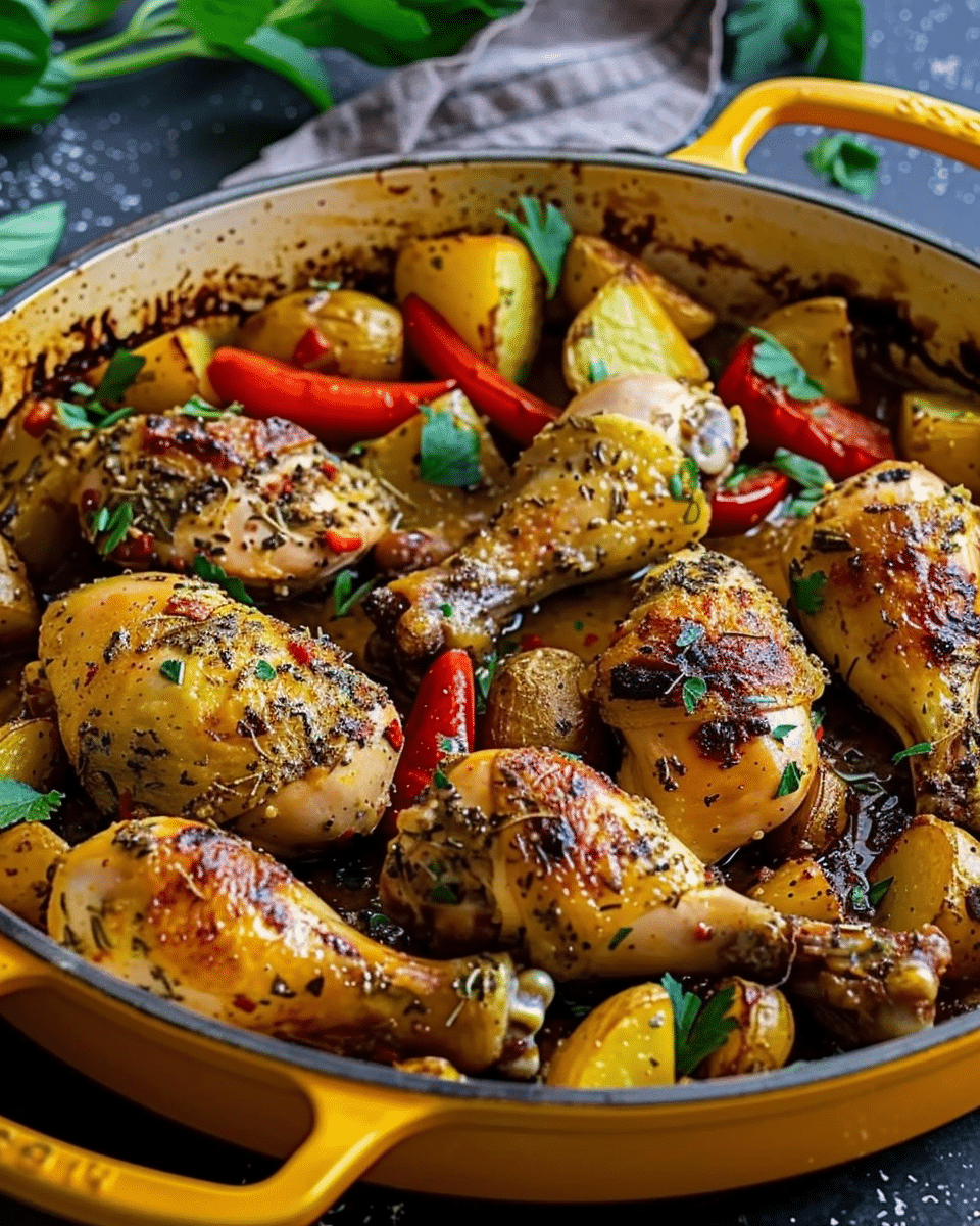 Epic One-Pan Baked Chicken Drumsticks with Herbed Potatoes & Peppers