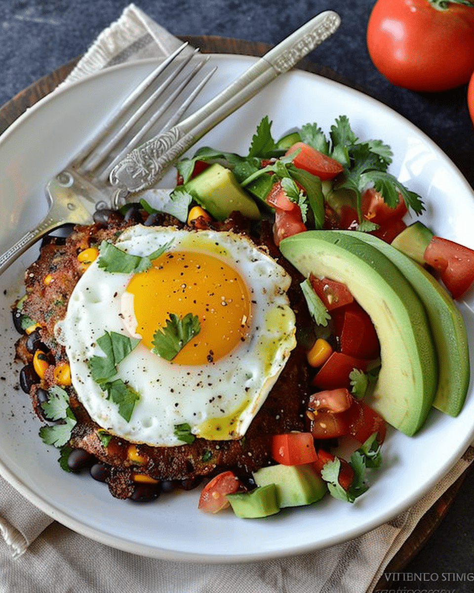 Spicy Black Bean Cakes with Egg, Avocado, and Tomato