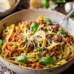 Pesto Fettuccini with Bolognese Sauce