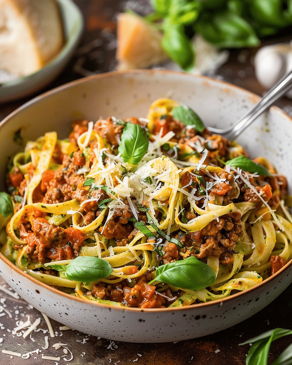 Pesto Fettuccini with Bolognese Sauce