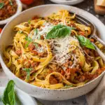 Pesto Fettuccini with Bolognese Sauce