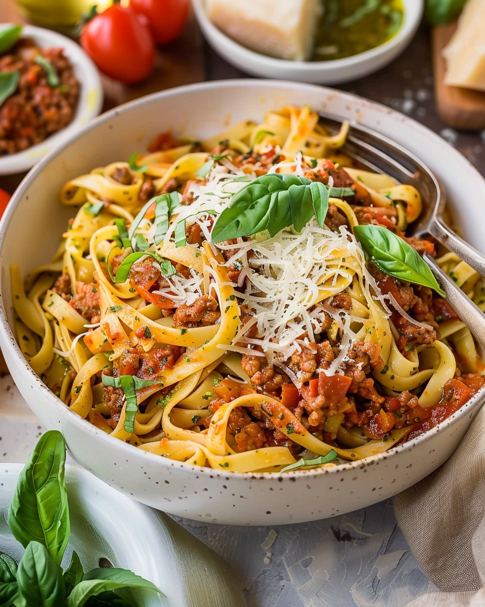 Pesto Fettuccini with Bolognese Sauce