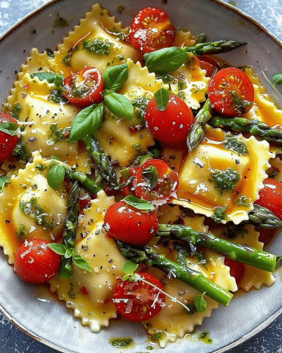 Ravioli with Tomatoes, Asparagus, Garlic, and Herbs