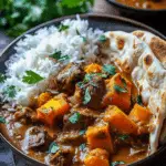 Beef and Sweet Potato Coconut Curry with Warm Garlic Naan