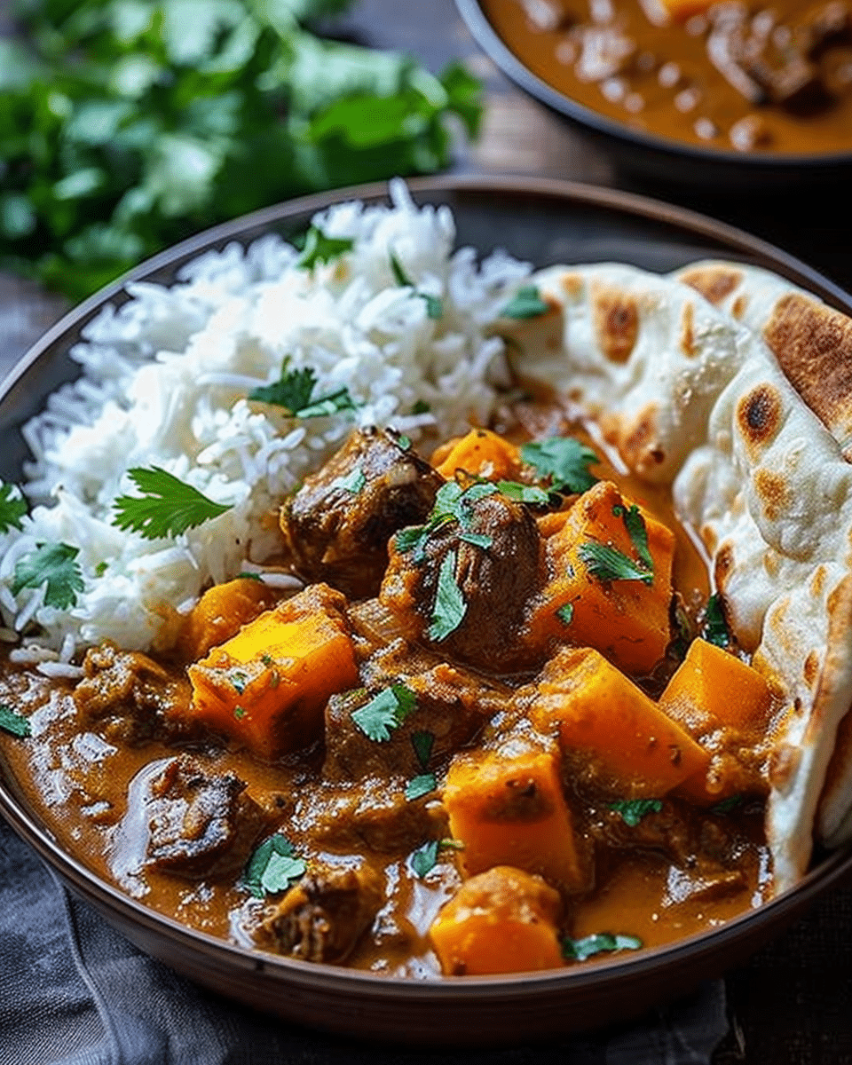 Beef and Sweet Potato Coconut Curry with Warm Garlic Naan