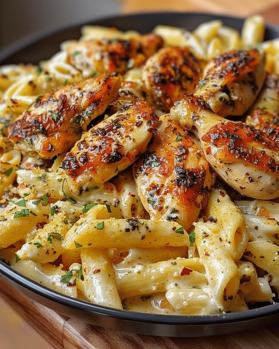 Cheddar Parmesan Garlic Butter Chicken with Creamy Penne Pasta