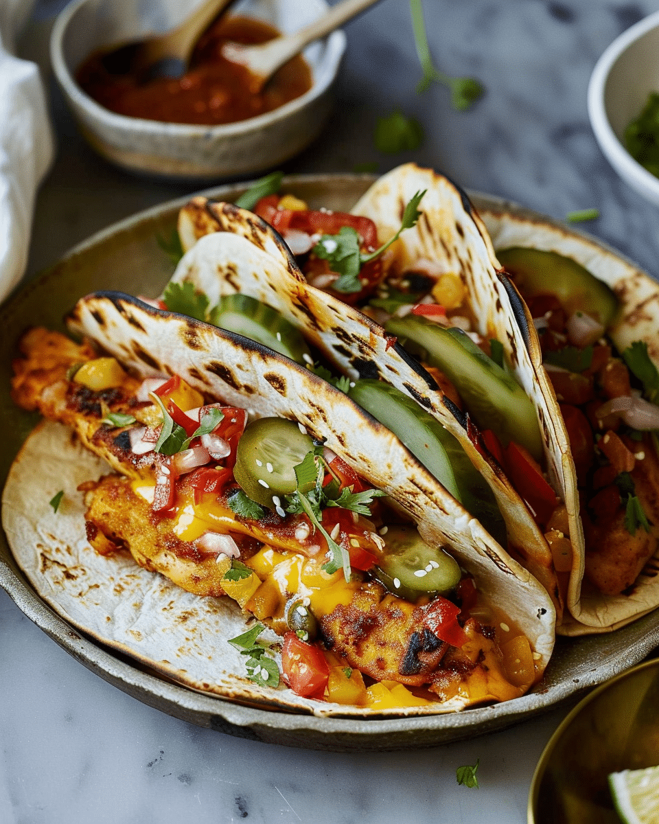 Cheesy Crispy Tacos with Chicken and Spicy Pickle Sauce