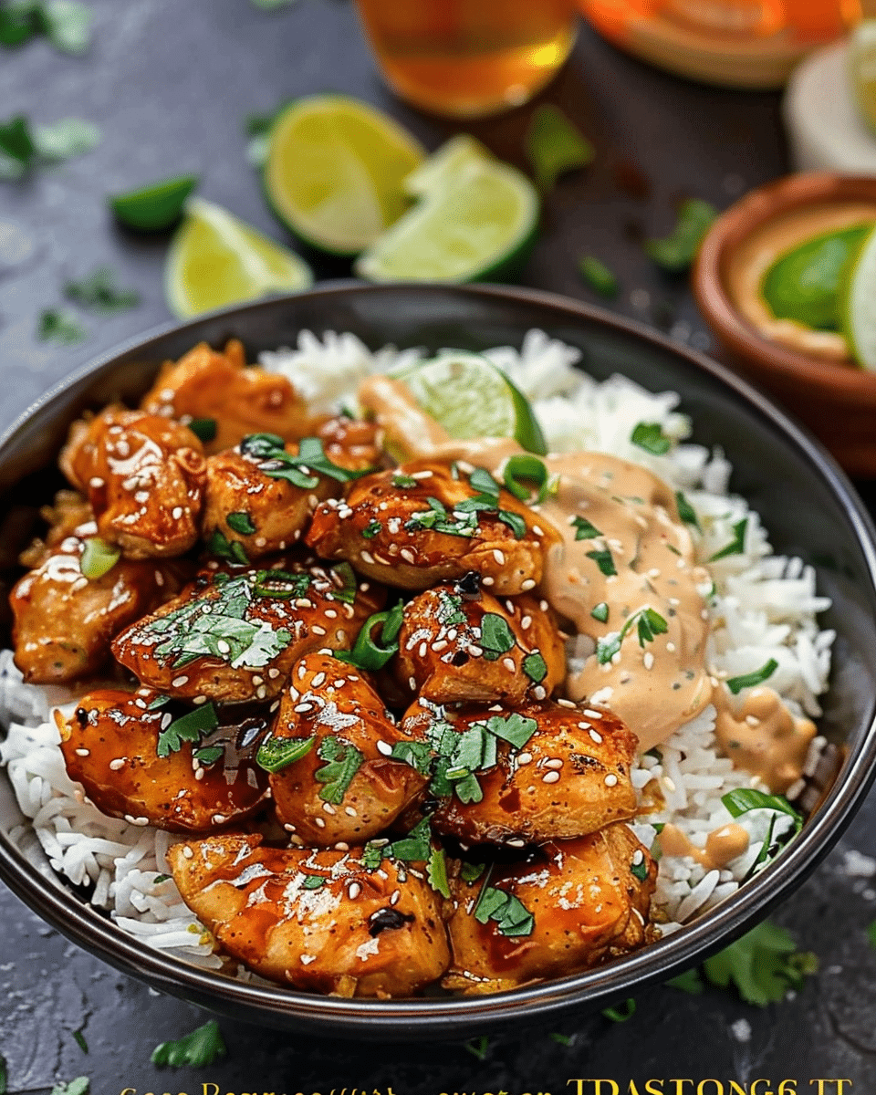 Honey Sriracha Chicken Rice Bowls with Creamy Lime Sauce