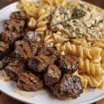 Cajun Steak Tips in Cheesy Rotini Parmesan Sauce