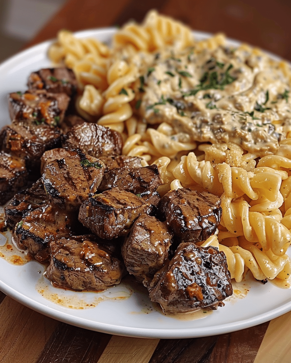 Cajun Steak Tips in Cheesy Rotini Parmesan Sauce
