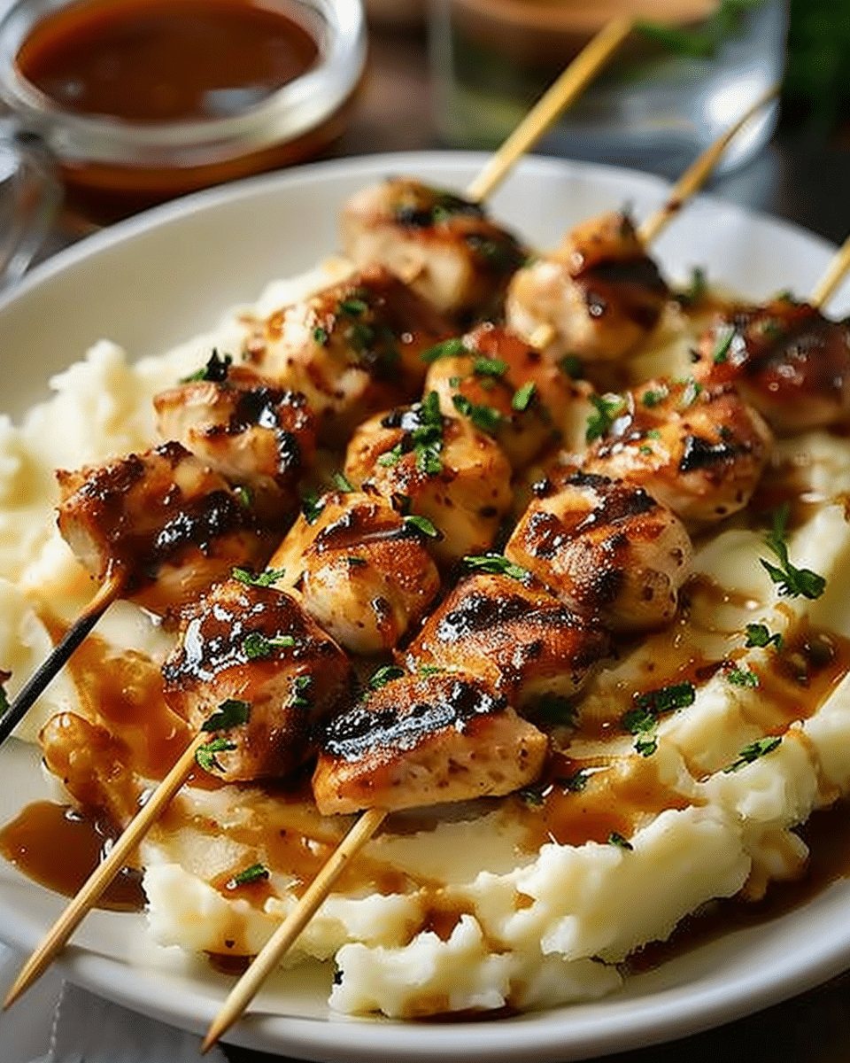 Chicken Skewers Served Over Creamy Mashed Potatoes