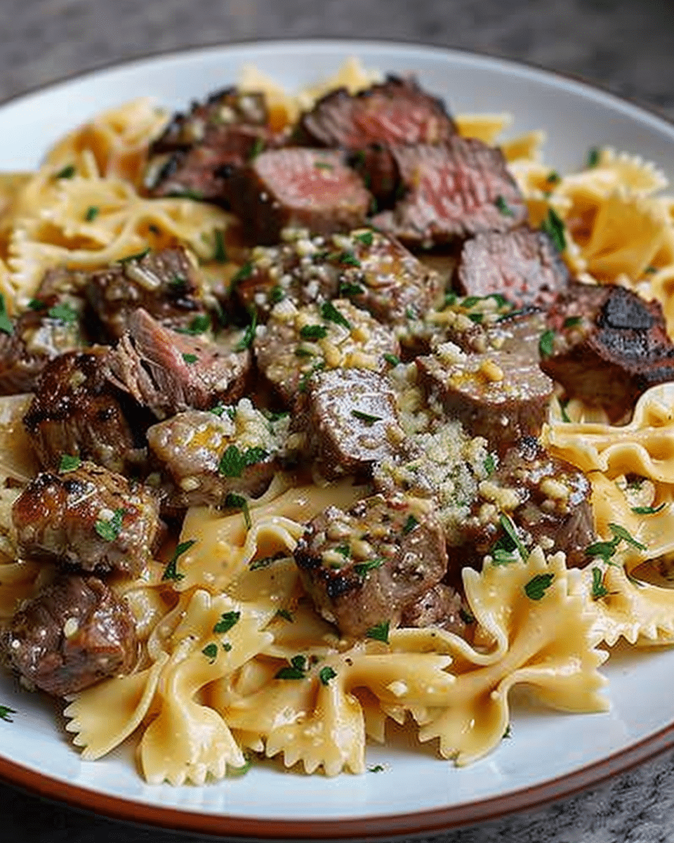 Cajun Steak Tips in Cheesy Bowtie Pasta Parmesan Sauce
