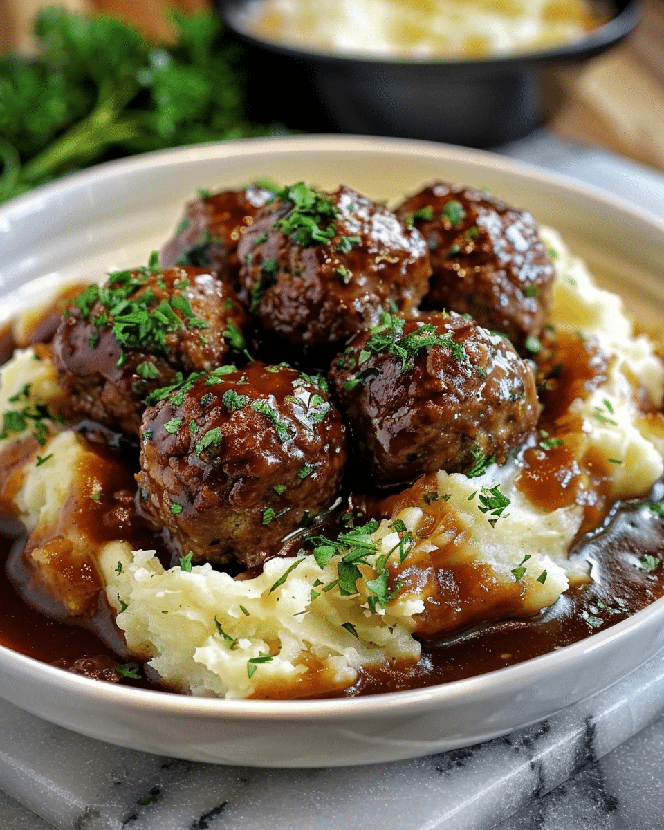 Salisbury Steak Meatballs with Garlic Herb Mashed Potatoes