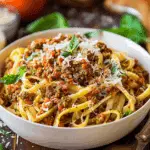 Pesto Fettuccini with Bolognese Sauce